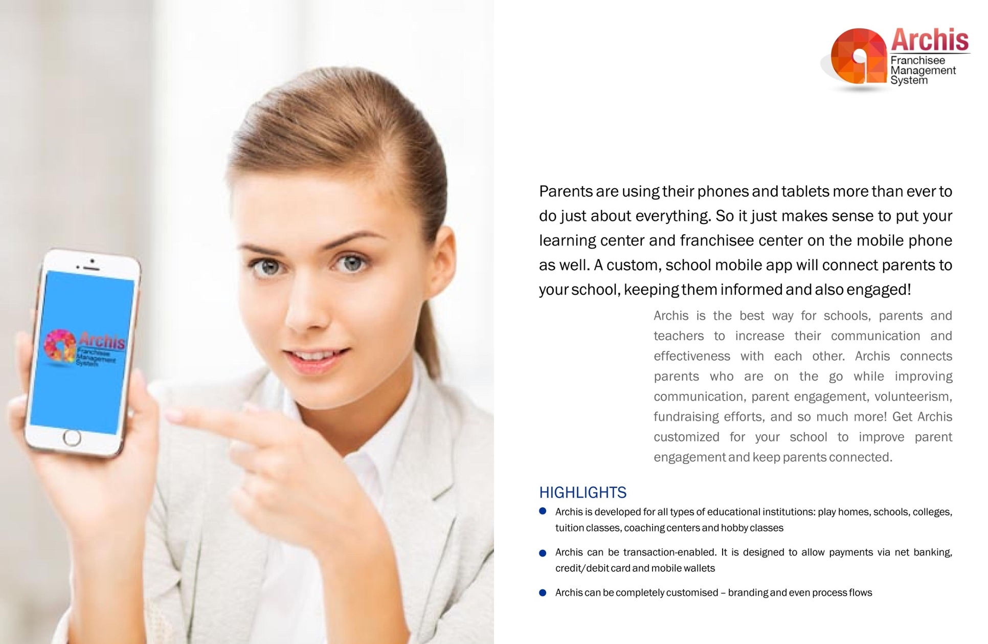 Archis brochure page on parent engagement — custom school mobile app highlights