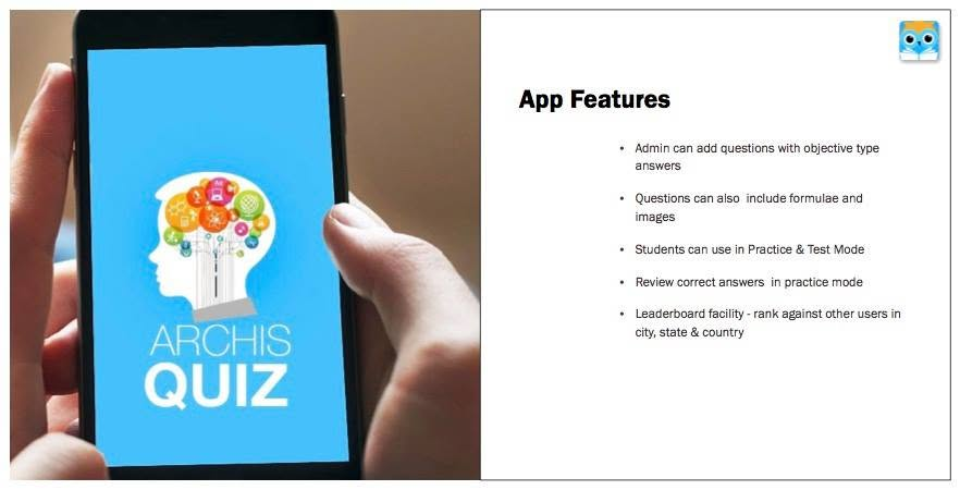 Archis Quiz app features brochure page — practice and test modes, answer review, leaderboards
